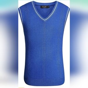 Blue Sweater Vest Knit Pullover Classic Sleeveless V-Neck Solid Fall MENS MEDIUM